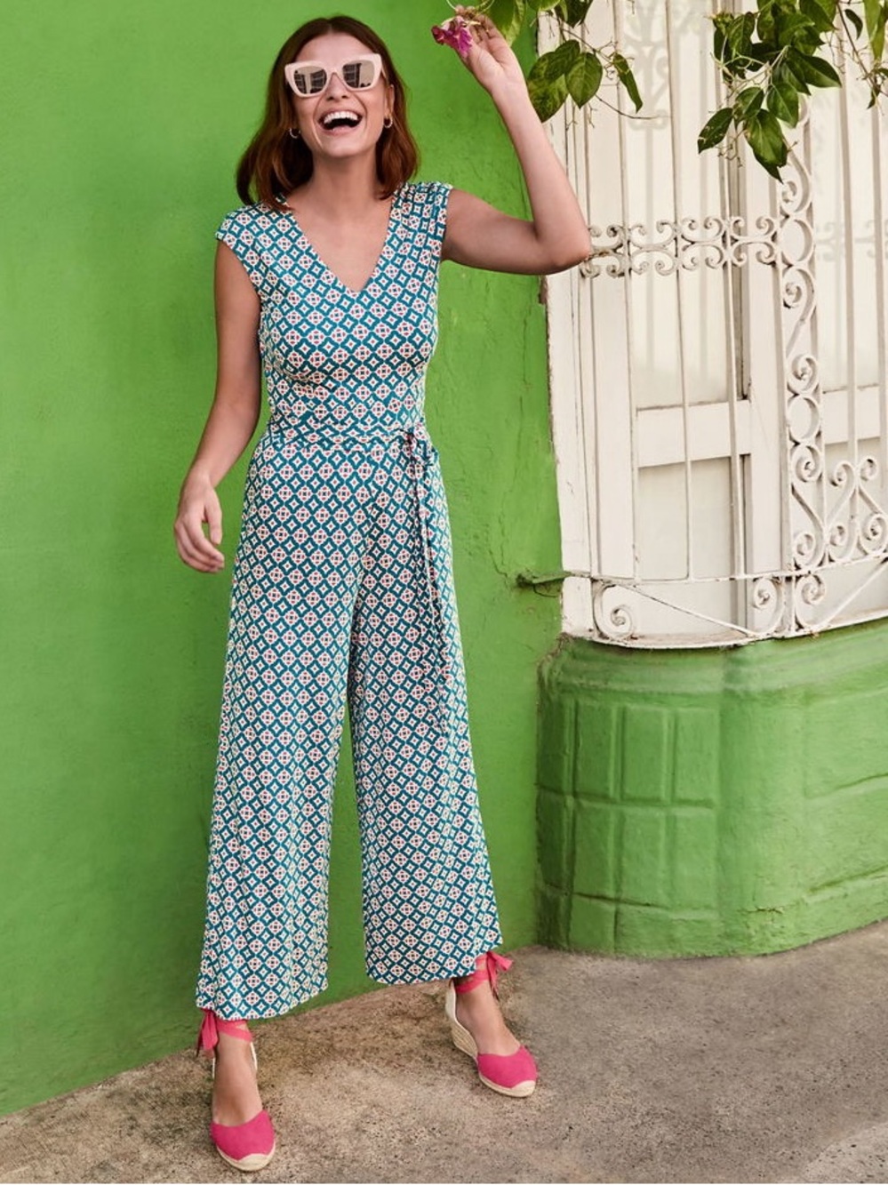 Boden Corrine Jersey Teal and Pink Geometric Jumpsuit